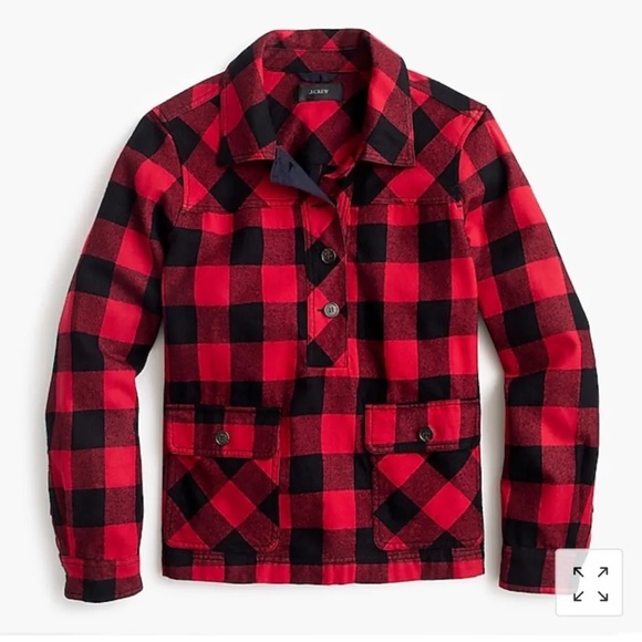 JCrew Wool Buffalo Check Plaid Half Button Up Pullover Shirt Jacket Shacket - Picture 1 of 13